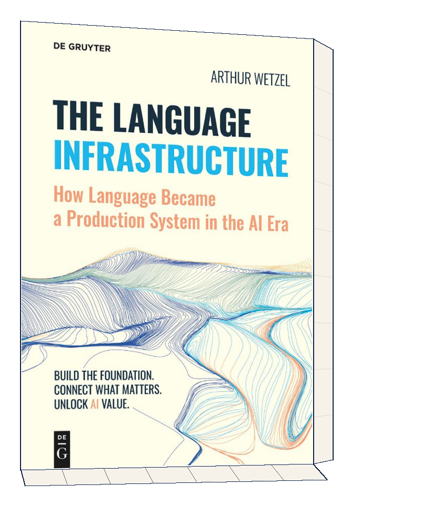 Buchcover „The Language Infrastructure“, perspektivisches Mockup